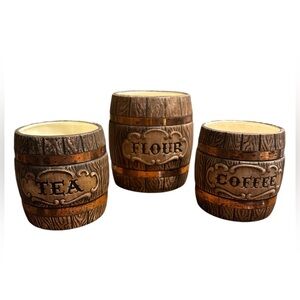 Set of 3 Vintage MCM Treasure Craft Ceramic Canister Barrel Flour Tea Coffee